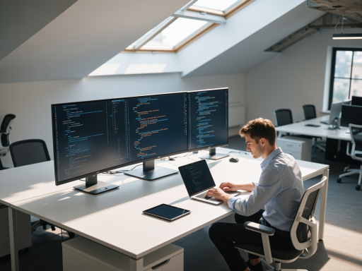 开发团队工作场景,两名程序员在电脑前编程,办公室背景,显示器显示代码